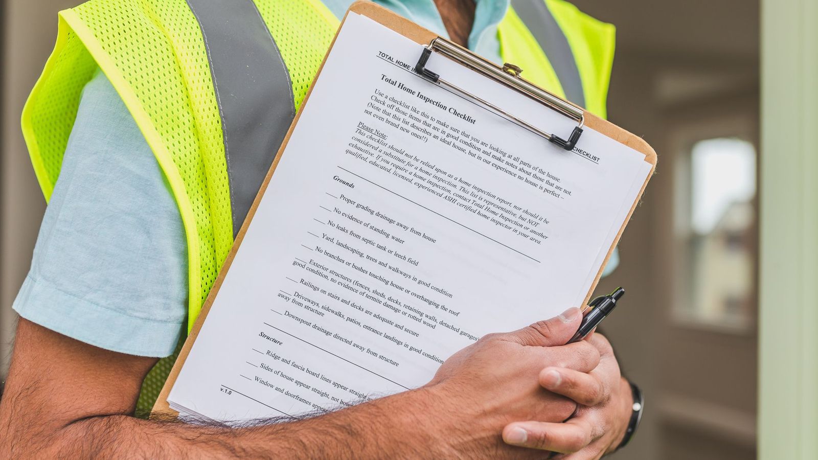 Técnico de colete refletivo segurando prancheta com checklist de inspeção